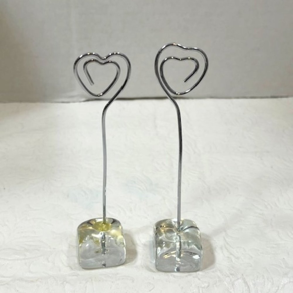 Two(2) Wired Hearts Photo Holder Desk Display Postcard Glass Stand 4.25" Tall